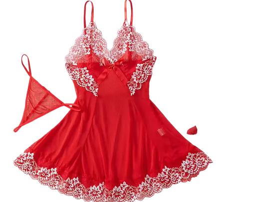 Red lace nightdress with floral trim, spaghetti straps and flared skirt