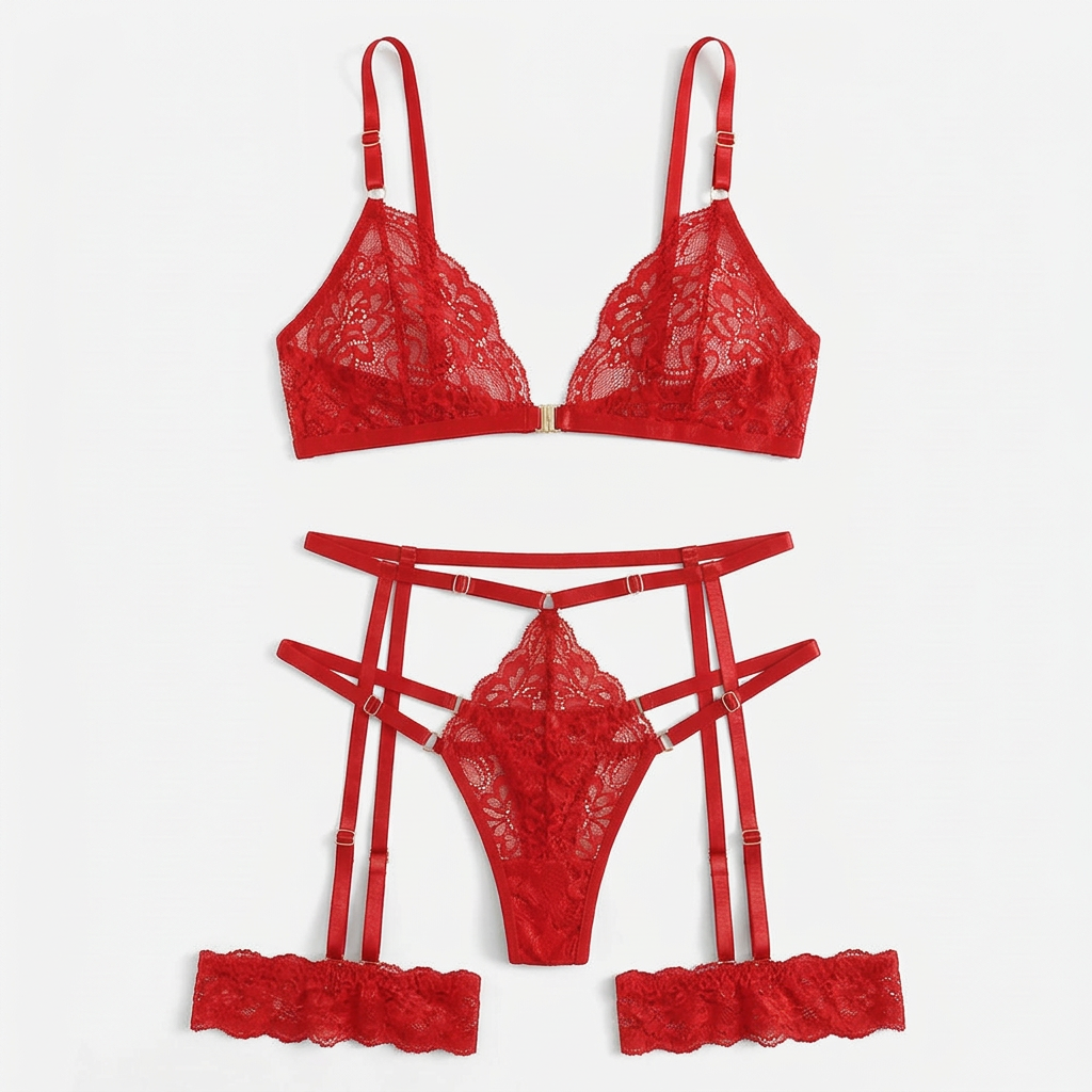 Red lace lingerie set with triangle bra, thong, and garter straps