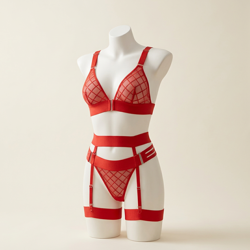 Red printed mesh knickers with elastic garter straps and striped waistband