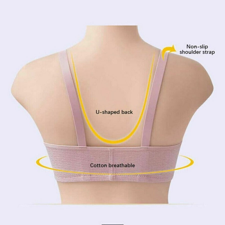 Pink button-front bra back view with U-shaped back and wide band