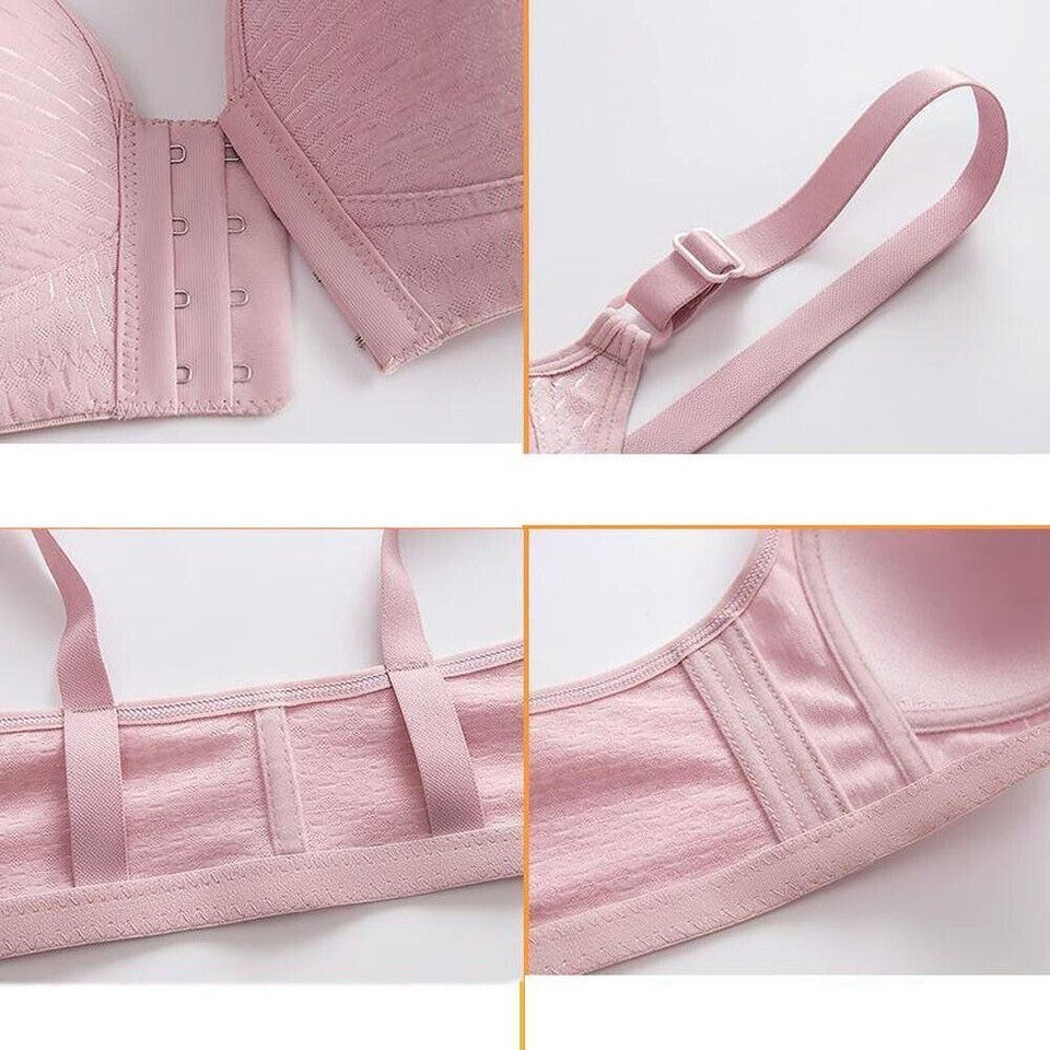 Pink bra close-up: adjustable straps and back band with snap closure