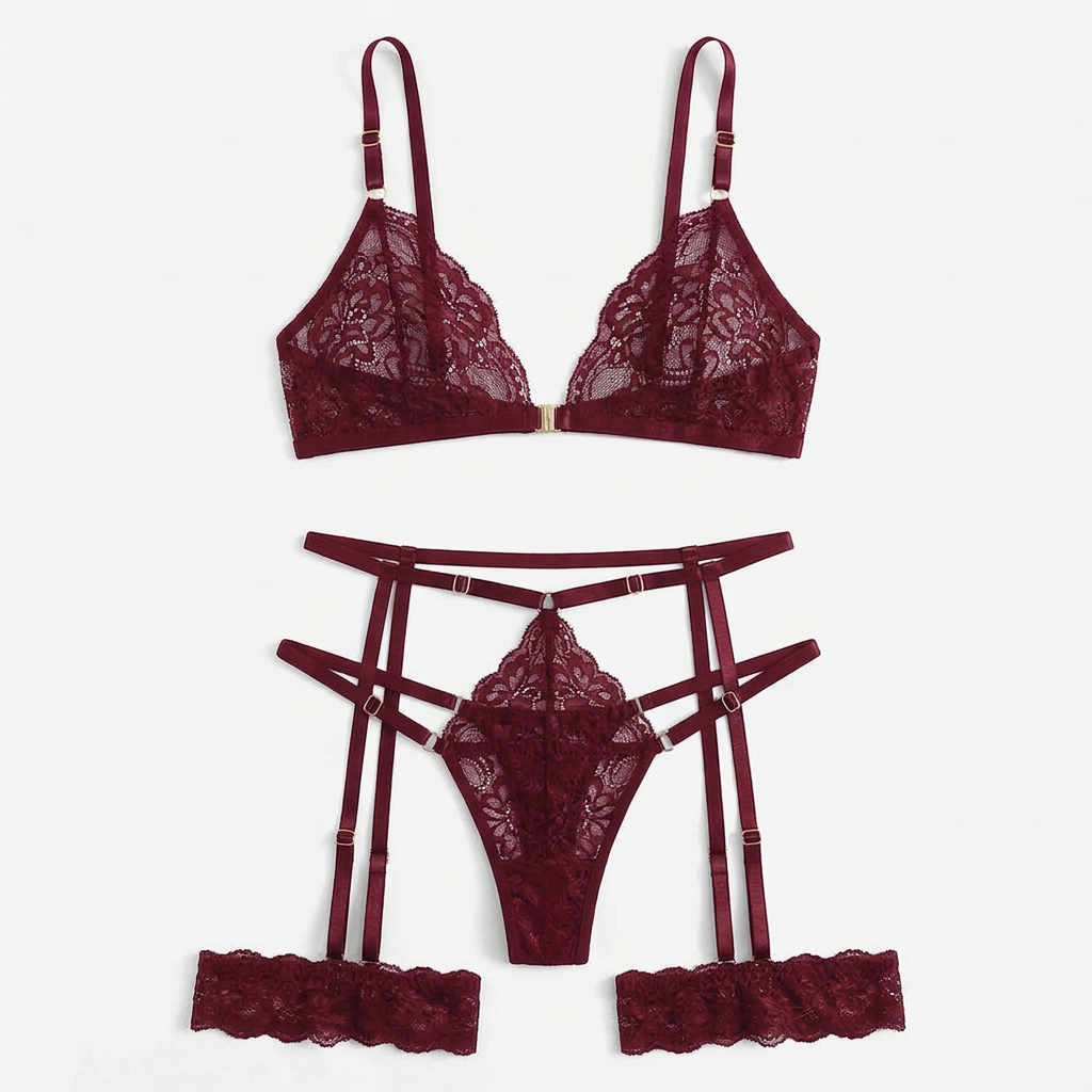 Wine red lace lingerie set with triangle bra, thong, and garter straps