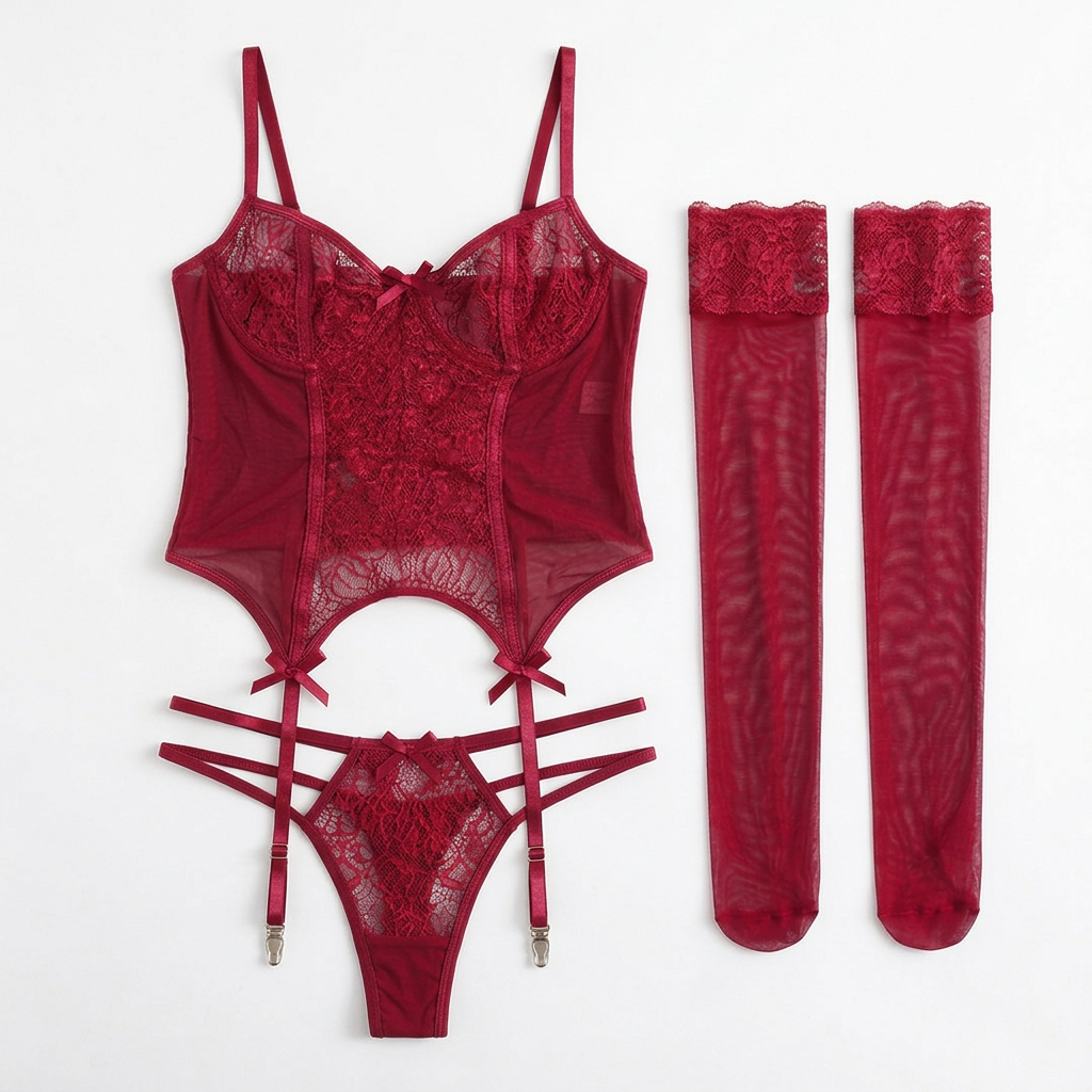 Wine red lace lingerie bodysuit with garter straps and matching thigh-highs